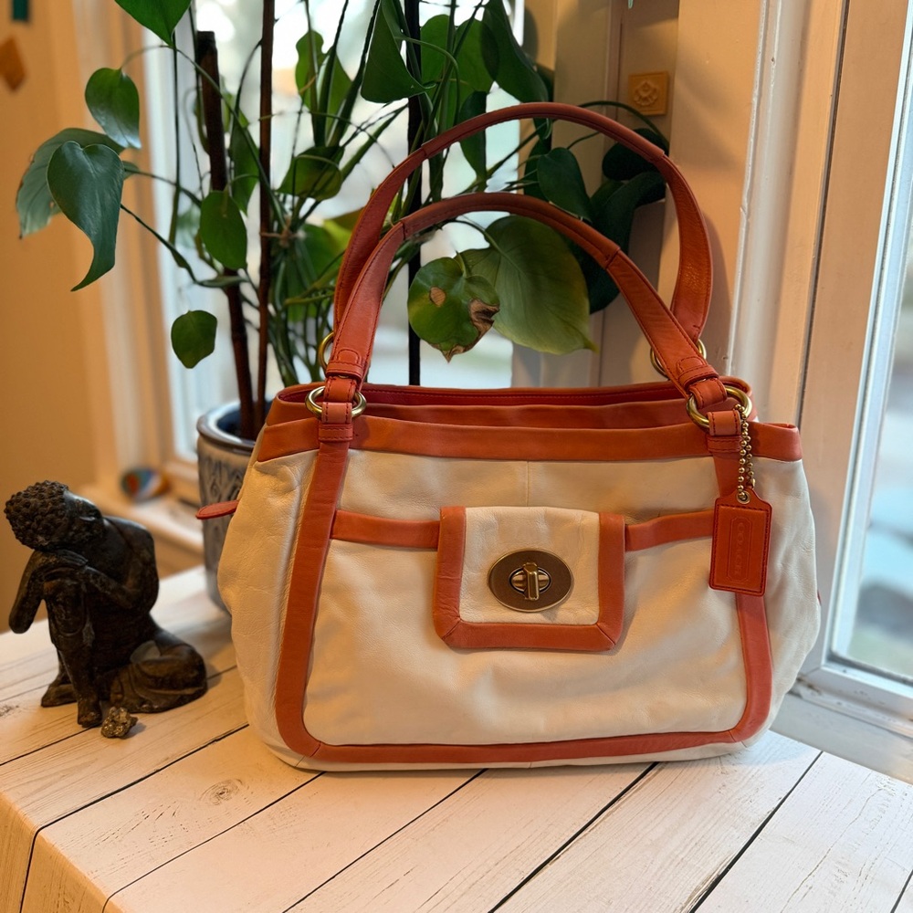 COACH | Cricket Leather Satchel, White with Coral Trim (2009) #13602